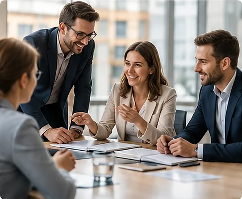 Colleagues smiling as they work through documents together at a meeting table