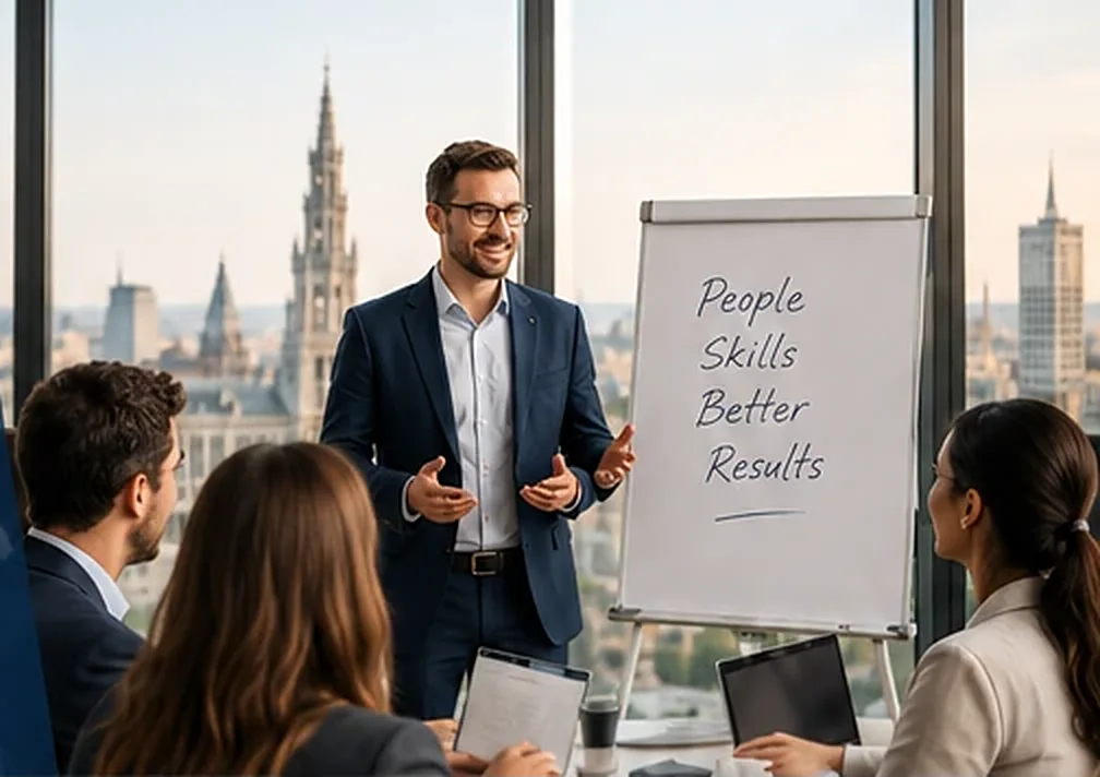 Trainer presenting to a team in a meeting room with a view over Brussels